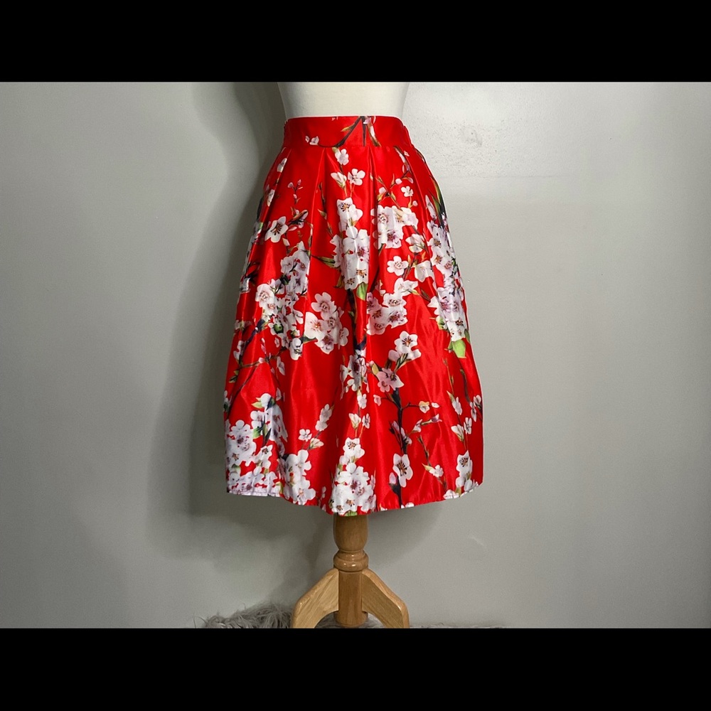 Red floral knee length skirt